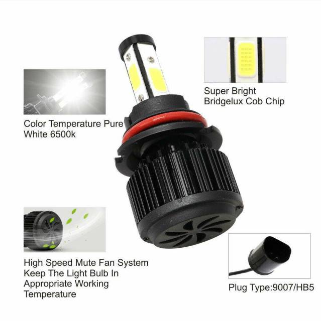 2PCS 4-sided 9007 LED Headlight High and Low Light Bulb Decoding