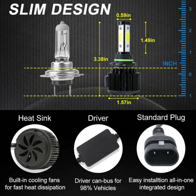 4PCS 4-side Luminous COB LED Low Beam/fog Light Kit 9006 6000K Bulb