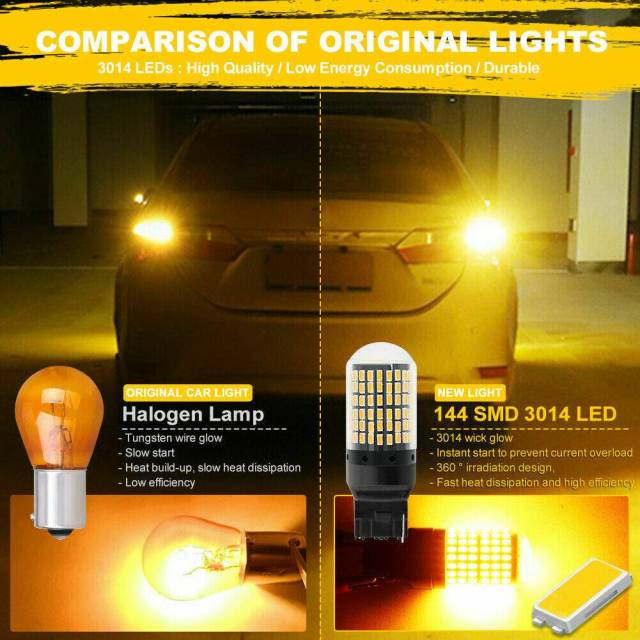 2x T20 7440 LED 144SMD CANBUS Amber Reverse Tail Turn Signal Light Bulb