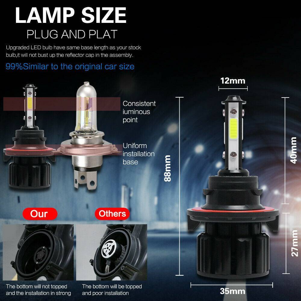 4PCS 4-sided H13 COB LED Headlight Kit Hi/Lo Beam Bulb White 6000K