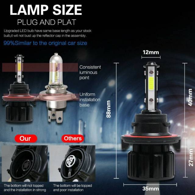 4PCS 4-sided H13 COB LED Headlight Kit Hi/Lo Beam Bulb White 6000K