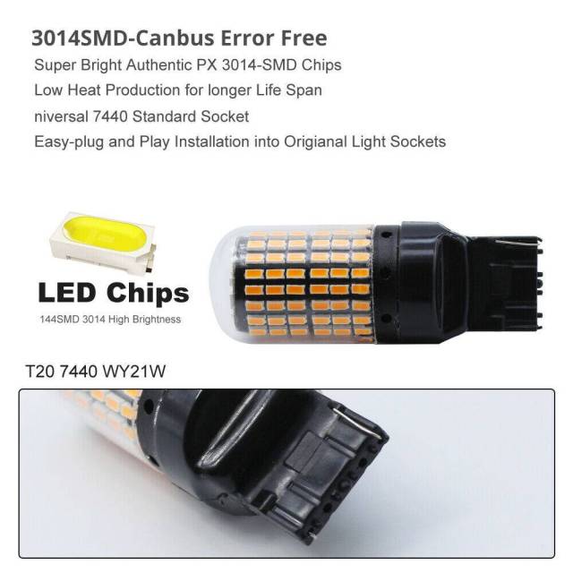 2x T20 7440 LED 144SMD CANBUS Amber Reverse Tail Turn Signal Light Bulb
