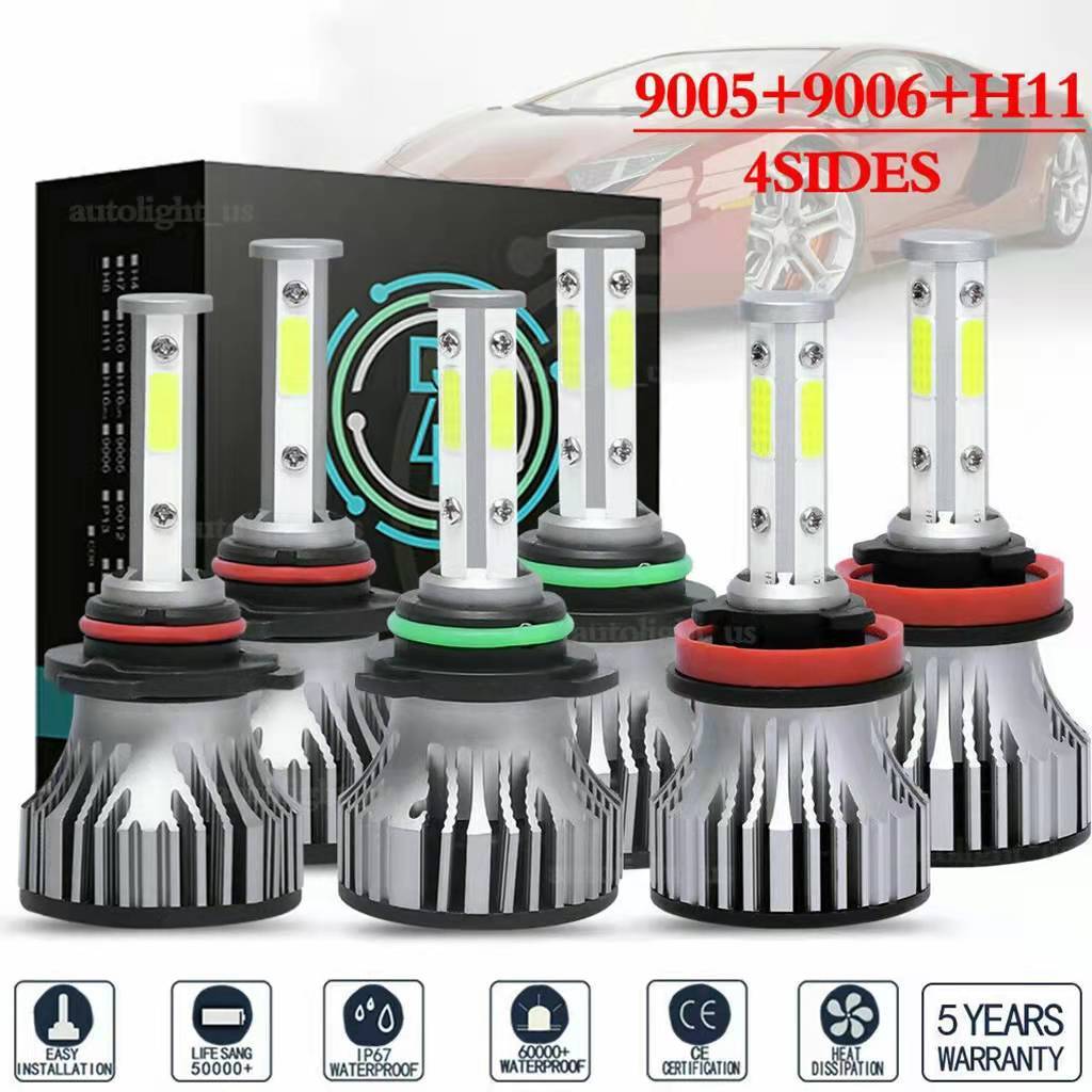 6PCS 4-sided 9005 9006 H11 LED Combination Headlight High Beam Fog Light Kit