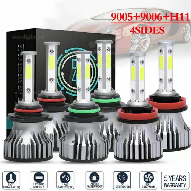 6PCS 4-sided 9005 9006 H11 LED Combination Headlight High Beam Fog Light Kit