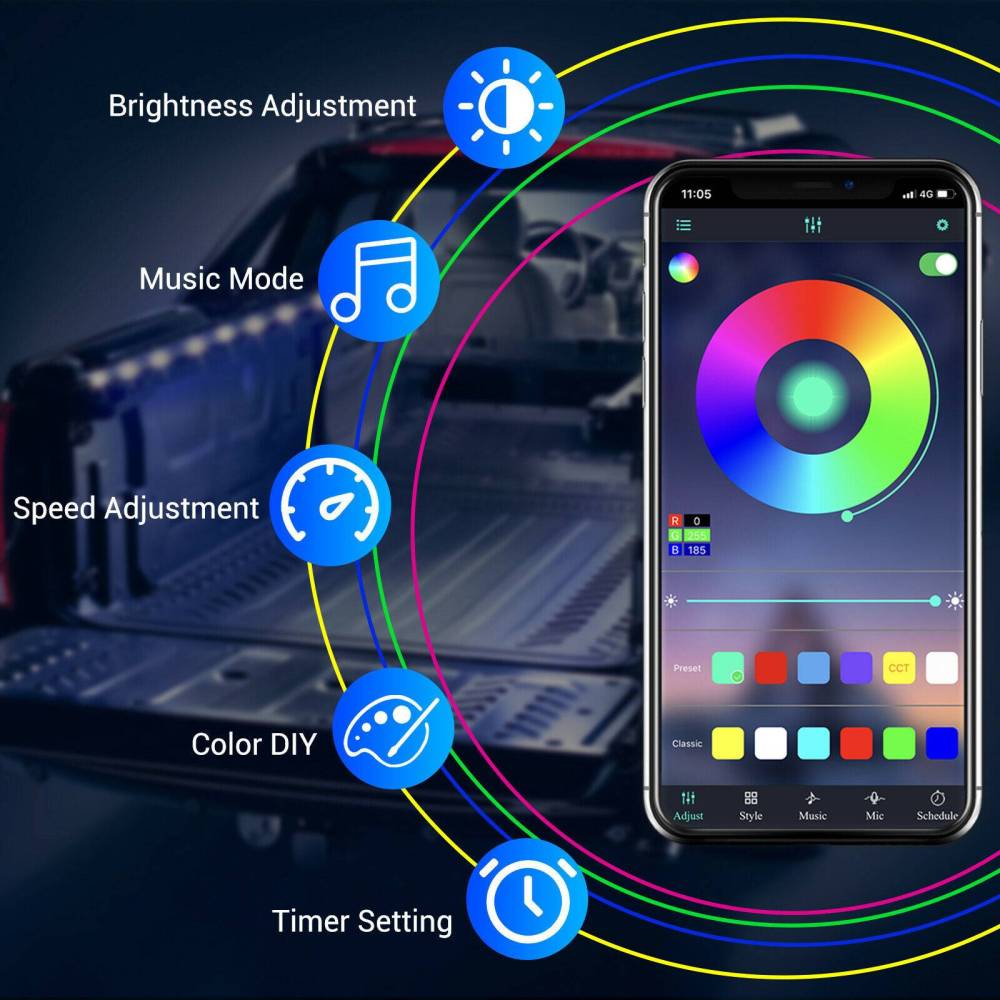 2X60"RGB Multicolor Truck Bed Light Strip Kit APP Bluetooth Control Jeep Pickup