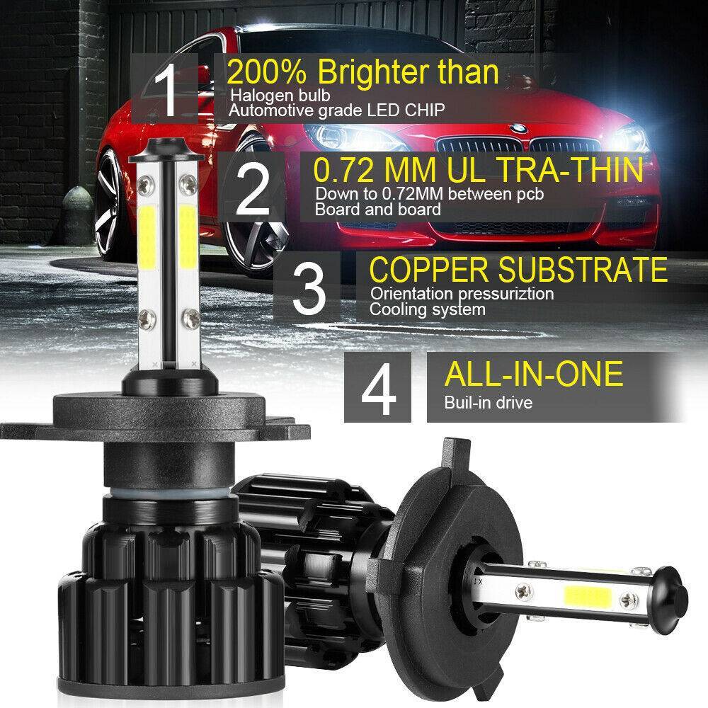 4PCS H4 9003 HB2 4-Side LED Headlight Bulbs Conversion Kit High Low Beam 6000K