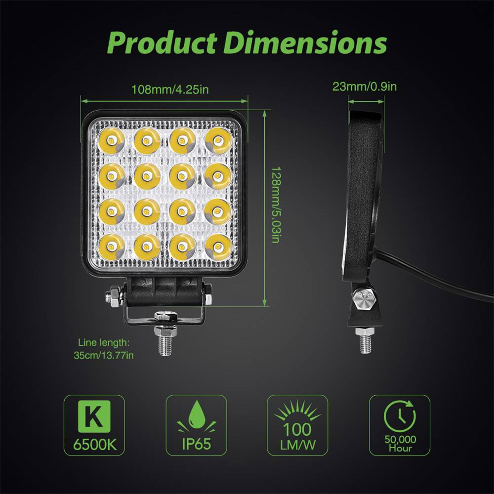 Square 48W LED Work Light 12V 24V Off Road Flood Spot Lamp For Car Truck SUV