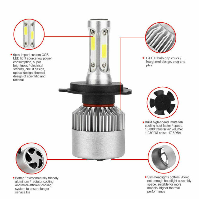 2PCs Hi-Lo H4 HB2 9003 LED Headlight Bulbs 72W 8000LM 6500K Turbo Lamps Kit