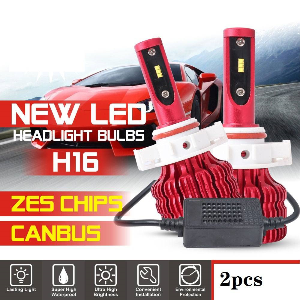2pcs 5202 H16 9009 CSP LED Headlight Bulbs 6000K White Light Canbus
