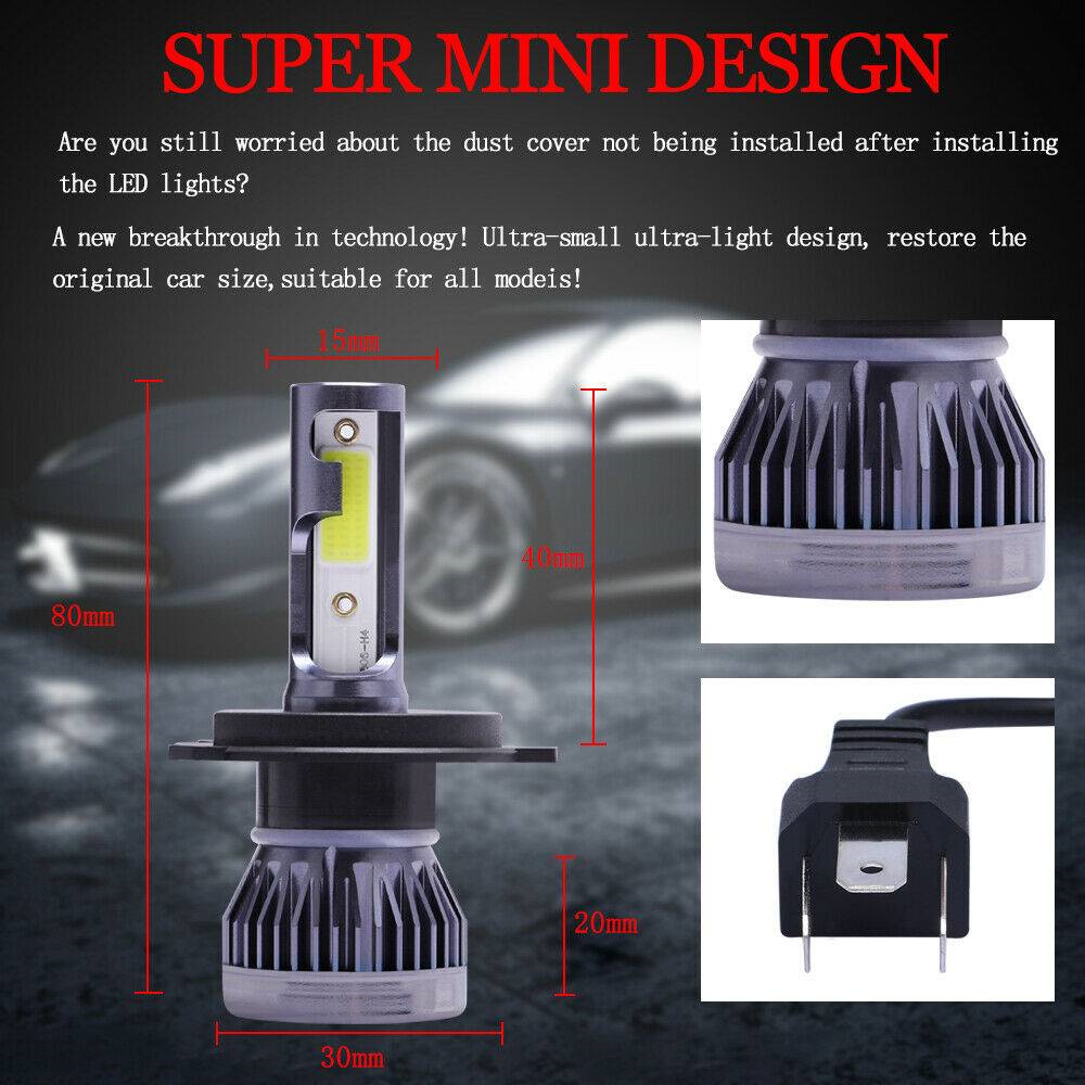 2PCS Mini H4 High Power LED HeadLight Bulbs High Low Beam 6000K