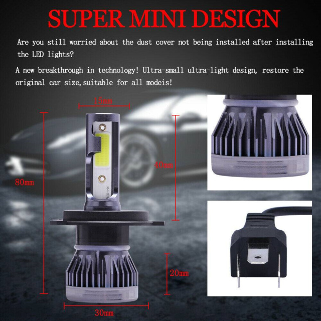 2PCS Mini H4 High Power LED HeadLight Bulbs High Low Beam 6000K