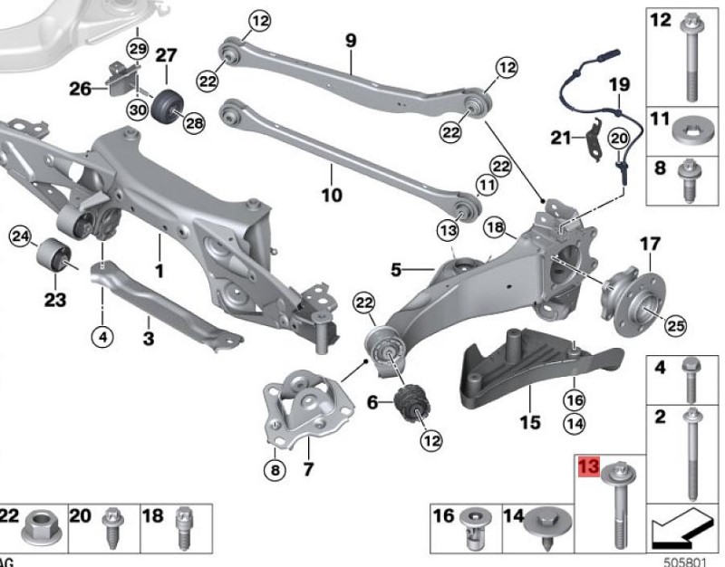 OE:33326858054 Eccentric bolt M12X1, 5X75-10.9 BMW X2 (F39) sDrive20iM off-road kit for 20 models from 2019-2020.
