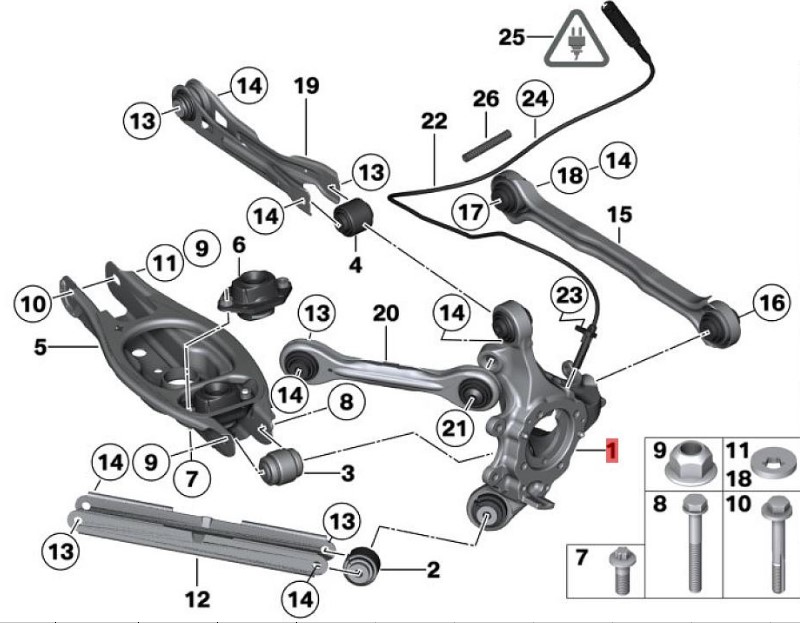OE:33326788049 Left rear wheel frame BMW X1 (E84) sDrive18i manual transmission 13 models 2012-2014.