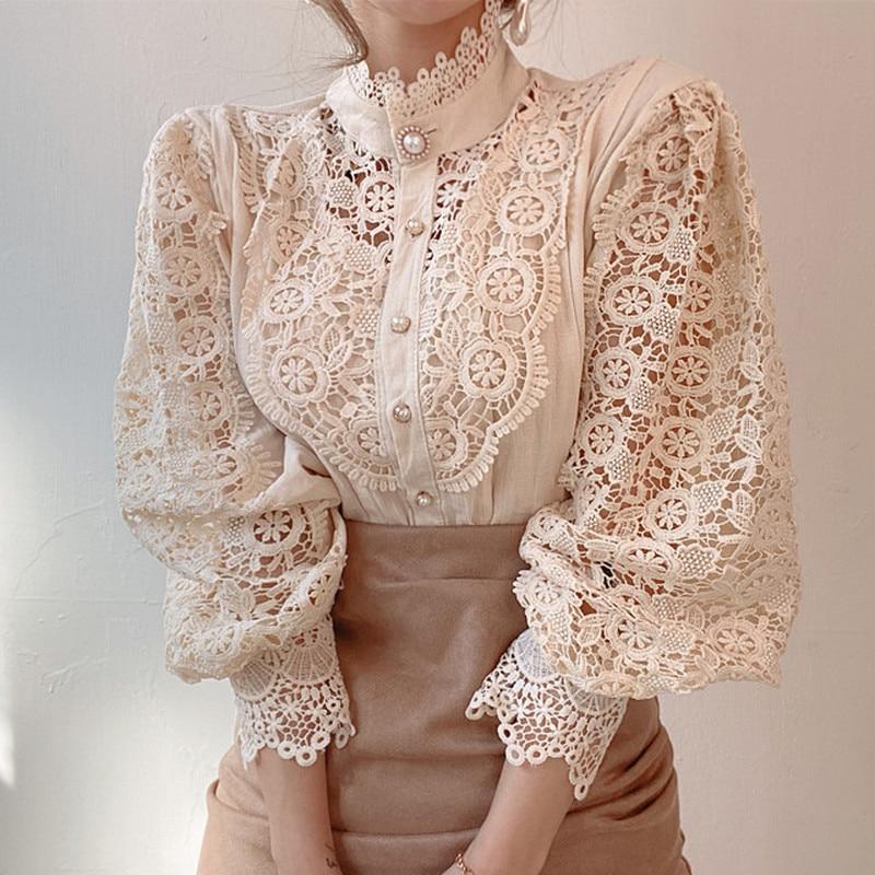 Petal Sleeve Stand Collar Hollow Out Flower Lace Patchwork Shirt Femme Blusas All-match Women Lace Blouse Button White Top 12419