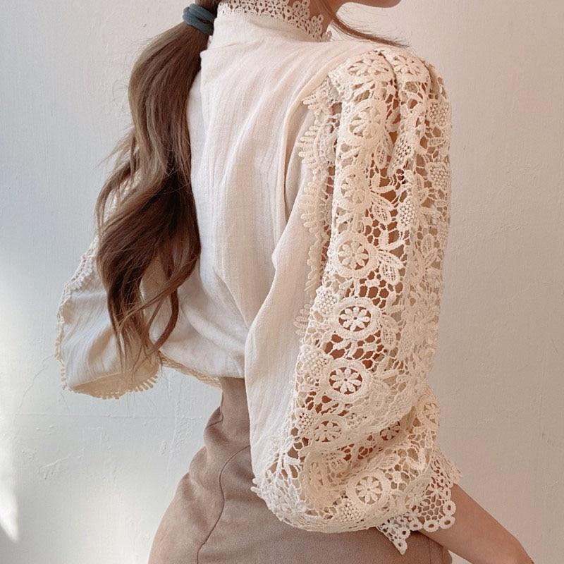 Petal Sleeve Stand Collar Hollow Out Flower Lace Patchwork Shirt Femme Blusas All-match Women Lace Blouse Button White Top 12419
