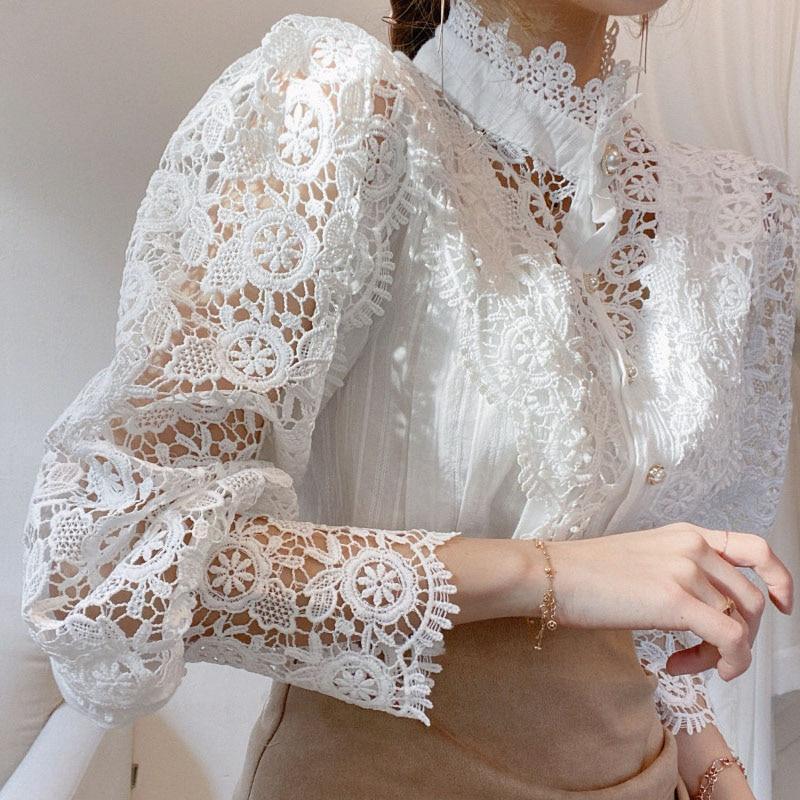Petal Sleeve Stand Collar Hollow Out Flower Lace Patchwork Shirt Femme Blusas All-match Women Lace Blouse Button White Top 12419