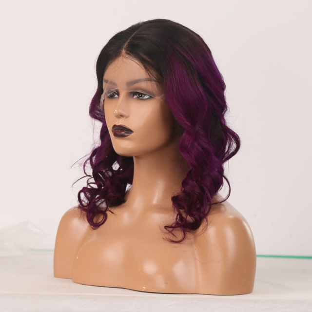 Long Loose Wave Virgin Hair 13*6 Lace Front  Wig  #1B/Purple Human Hair Wig
