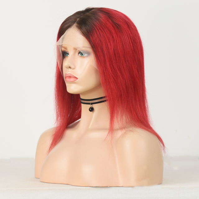 13x6 Lace Front Wig Virgin Human Hair Ombre #1B/Red Straight Bob Wig