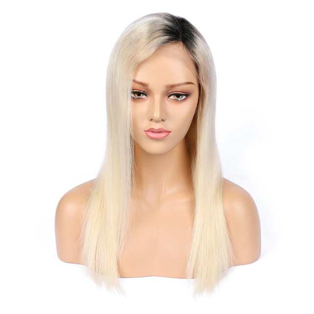 13x6 HD Lace Front Wig Platinum Blonde Wig with Black Roots Human Hair Wigs