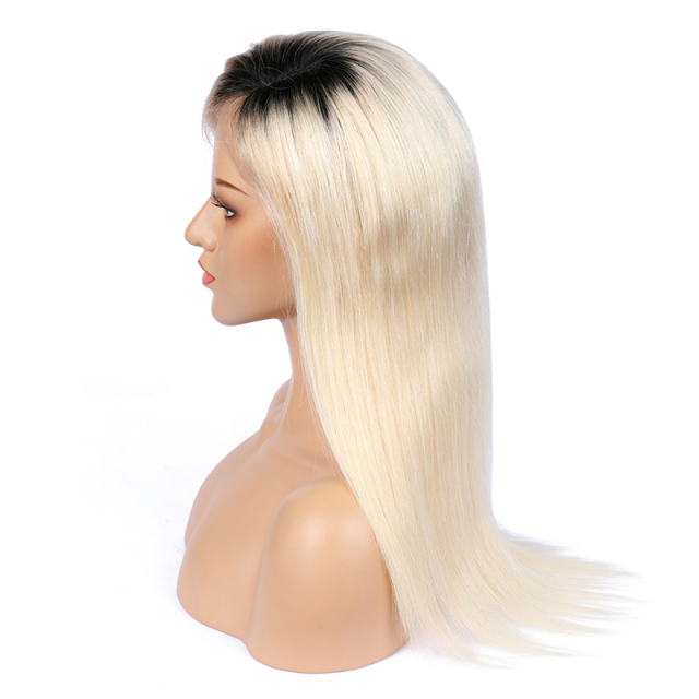 13x6 HD Lace Front Wig Platinum Blonde Wig with Black Roots Human Hair Wigs