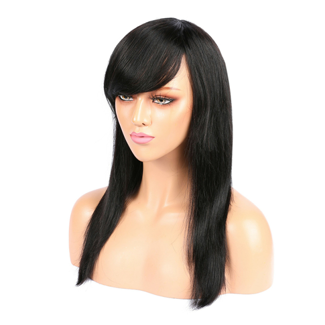 Black Straight Full Lace Wig Natural Human Wigs With Bangs for Women