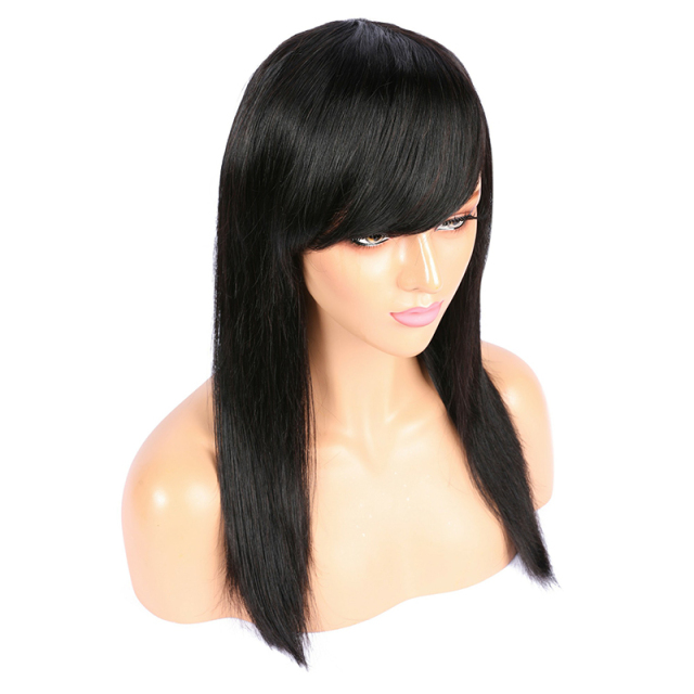 Black Straight Full Lace Wig Natural Human Wigs With Bangs for Women