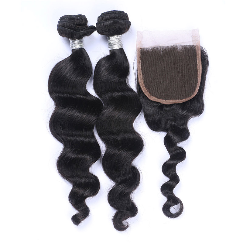 High Qulaity Human Hair Black Loose Wave 3 Bundles with closure