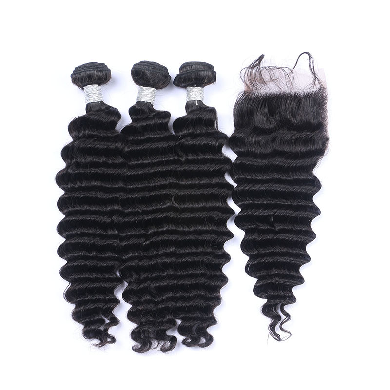 High Qulaity Human Hair Black Deep Wave 3 Bundles with Closure