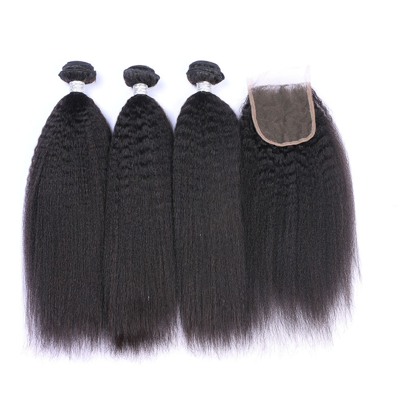 Black Yaki Straight 3 Bundles with 1 Closure 4x4 Lace Closure