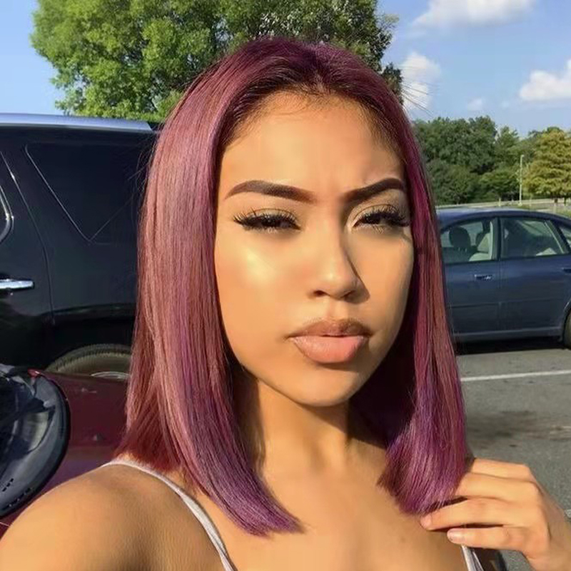 Burgundy Bob Straight HD Transparent Lace Front Wig Pre Plucked Human Hair Wig
