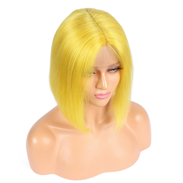 Yellow Straight Bob Human Hair Wigs HD Transparent Lace Front Wig