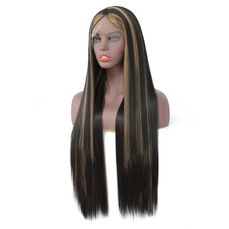 Long Straight Wigs for Women Black Wig with Brown Highlights Heat Resistant Fiber Hair Synthetic Lace Front Wigs for Fashion Women