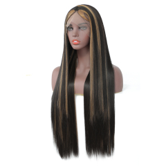 Long Straight Wigs for Women Black Wig with Brown Highlights Heat Resistant Fiber Hair Synthetic Lace Front Wigs for Fashion Women