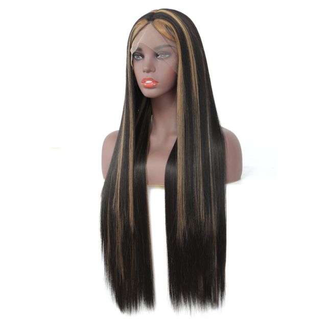 Long Straight Wigs for Women Black Wig with Brown Highlights Heat Resistant Fiber Hair Synthetic Lace Front Wigs for Fashion Women