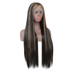 Long Straight Wigs for Women Black Wig with Brown Highlights Heat Resistant Fiber Hair Synthetic Lace Front Wigs for Fashion Women