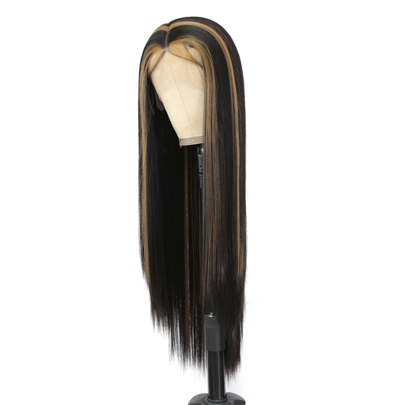 Long Straight Wigs for Women Black Wig with Brown Highlights Heat Resistant Fiber Hair Synthetic Lace Front Wigs for Fashion Women