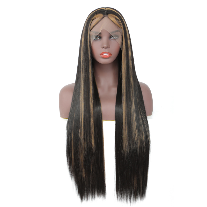 Long Straight Wigs for Women Black Wig with Brown Highlights Heat Resistant Fiber Hair Synthetic Lace Front Wigs for Fashion Women