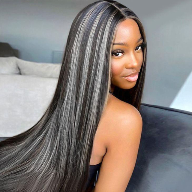 Long Straight Black Synthetic Wigs With White Highlights Wigs