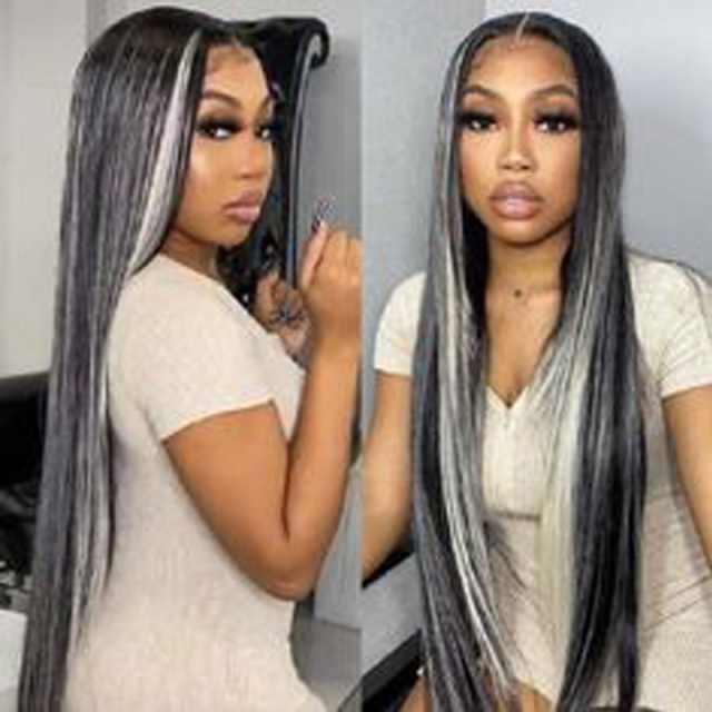 Long Straight Black Synthetic Wigs With White Highlights Wigs
