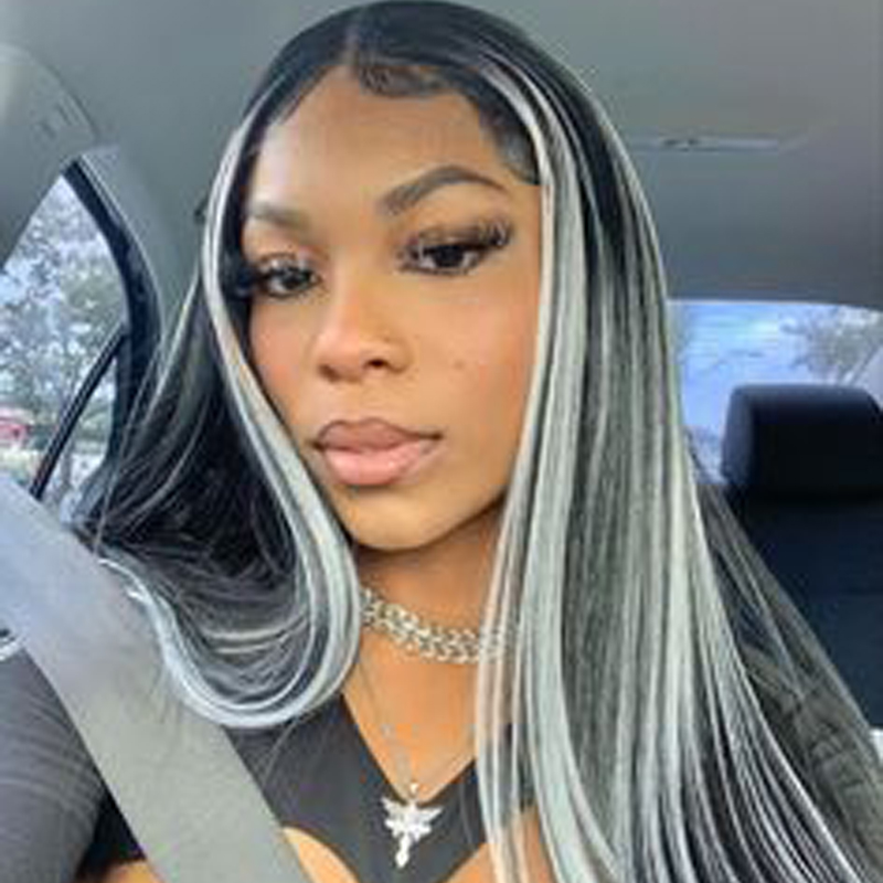 Long Straight Black Synthetic Wigs With White Highlights Wigs
