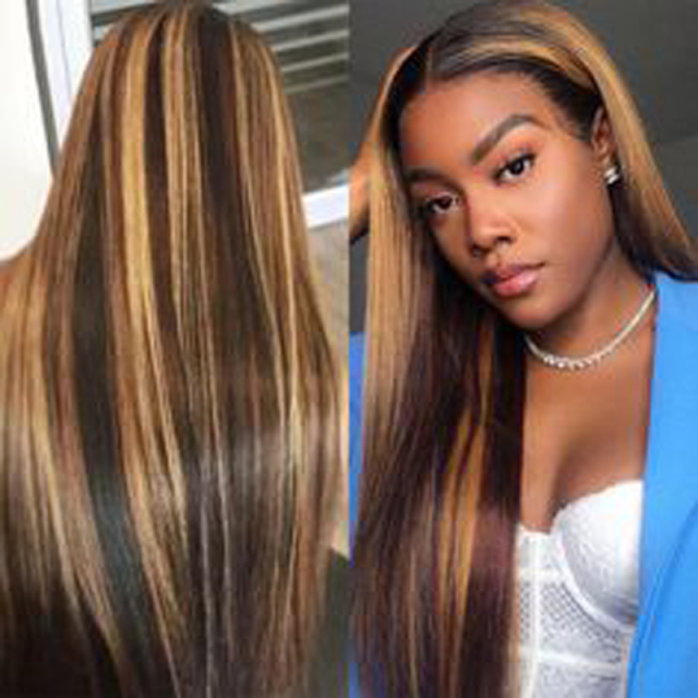 Long Straight Wigs for Women Black Wig with Brown Highlights Heat Resistant Fiber Hair Synthetic Lace Front Wigs for Fashion Women