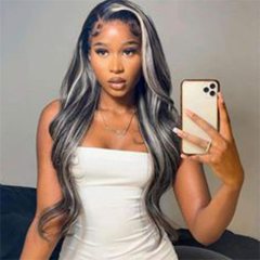 Long Wave Black Synthetic Wigs With White Highlights Wigs
