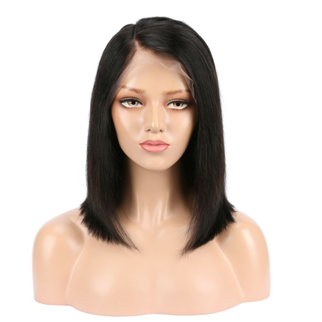 Short Natural Straight HD Transparent Lace Wig Bob Human Hair Wigs with Bangs