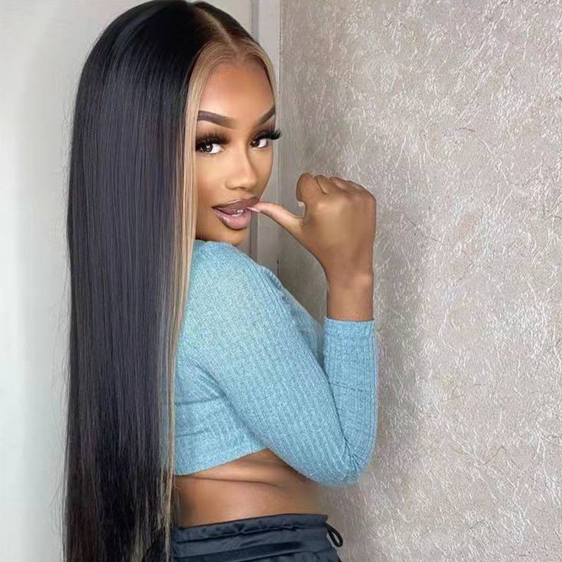 Black Human Hair Wig with Highlight Brown Pre plucked Hairline 13x6 HD Lace Front Wig