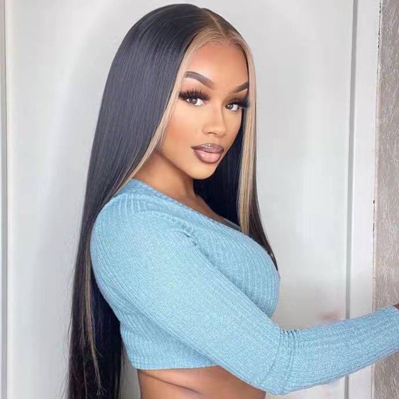 Black Human Hair Wig with Highlight Brown Pre plucked Hairline 13x6 HD Lace Front Wig