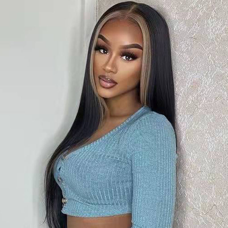 Black Human Hair Wig with Highlight Brown Pre plucked Hairline 13x6 HD Lace Front Wig