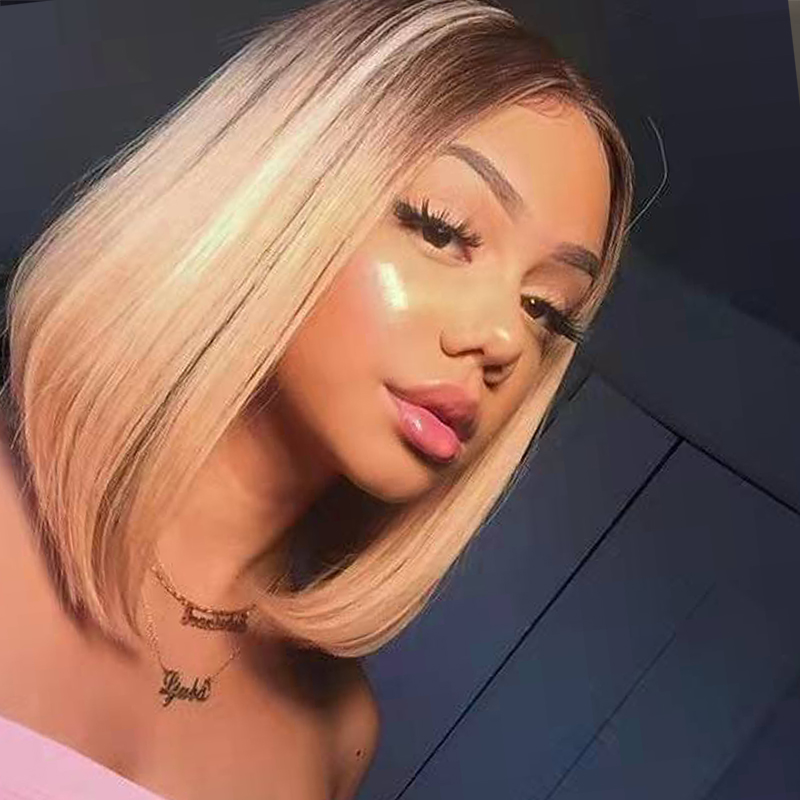 Short Bob Straight HD Lace Front Wig Ombre Blonde Human Hair Wigs