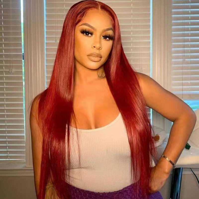 Burgundy Long Silky Straight HD Transparent Lace Front Human Hair Wigs