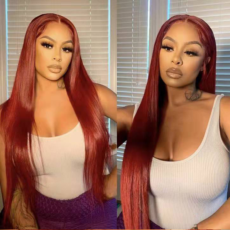Burgundy Long Silky Straight HD Transparent Lace Front Human Hair Wigs