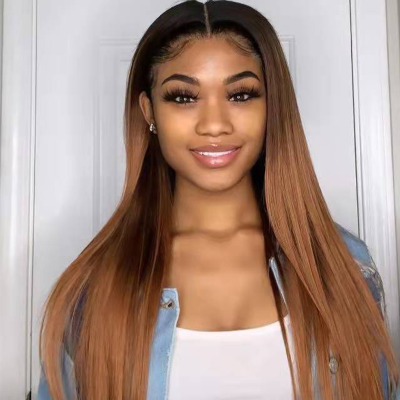 Ombre Brown Long Straight Human Hair 13x6 Lace Front Wigs